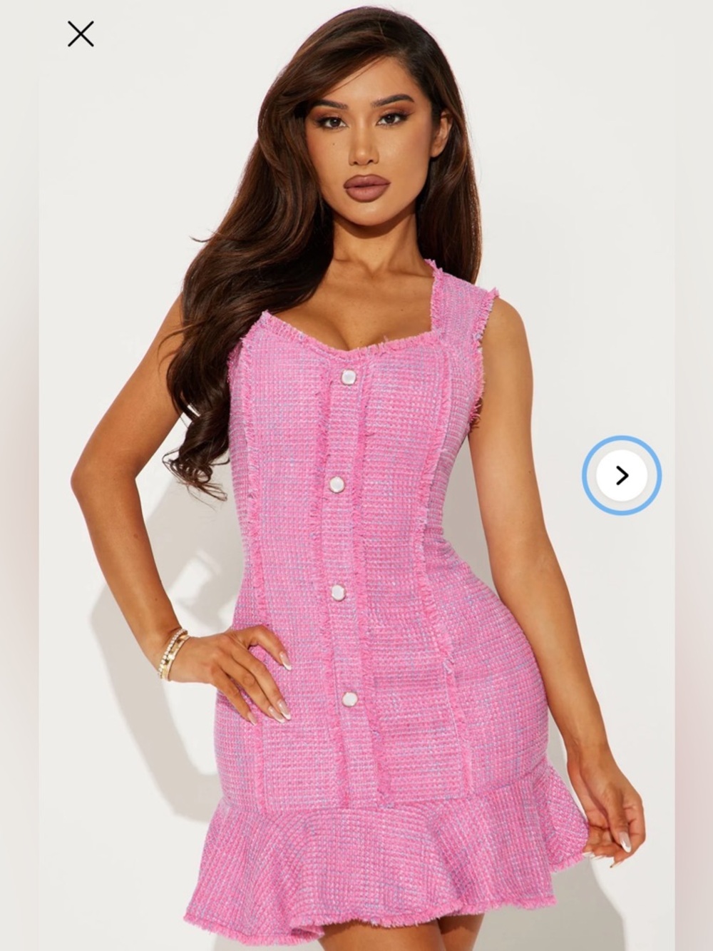 Fashion Nova Pink Tweed Button-Front Mini Dress, M